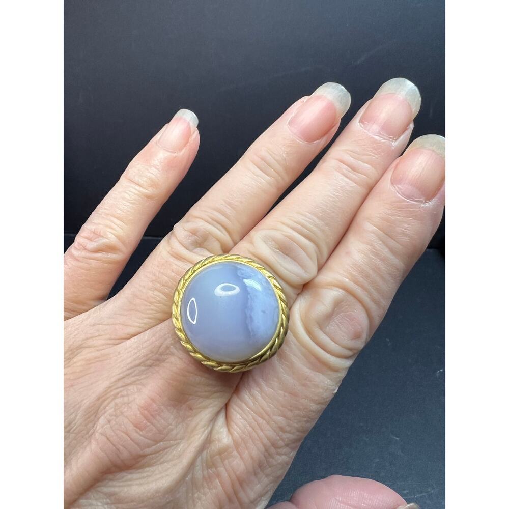 Glow By Sheila Fajl Signed Blue Agate Ring brushed 18kt Plated size 7